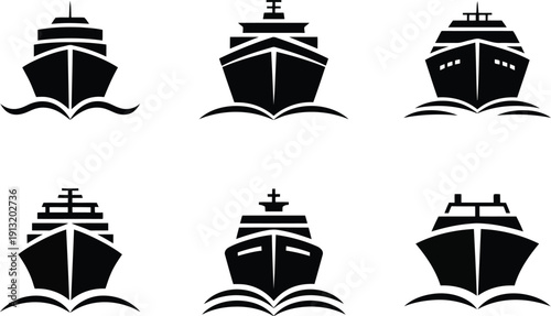 Visual representation of six different ship types shown as black silhouettes on wavy water