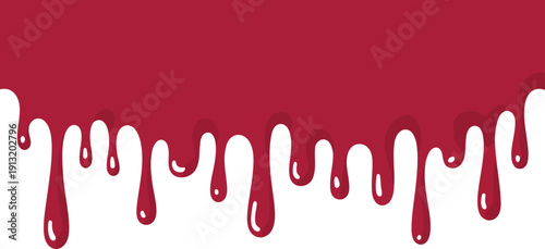 Vivid red viscous liquid dripping down horizontally creating a visually striking border element