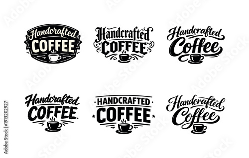 Artistic Coffee Lettering Grid. Handcrafted coffee quote. Set lettering. harmonious lettering variations of the same emblematic concept, each with different
