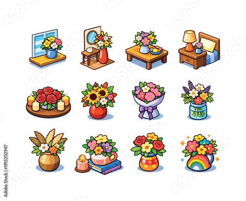 Vibrant Floral Icons. Floral decor. Colorful isometric vector icons set of floral decor: vase on window sill, entryway flower vase, kitchen table flowers,