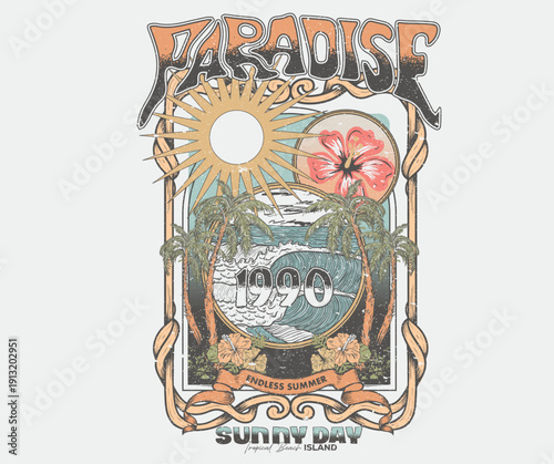 Beach paradise design. Palm beach vibes. Summer vibes artwork. Sunshine paradise graphic print design. Palm tree with tropical paradise graphic print design.