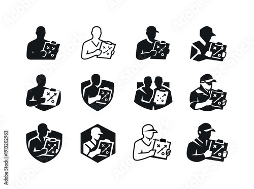Coach Logo Variations. coach with clipboard. Icon set. Set Logo of coach with clipboard: trainer silhouette with tactics board. harmonious logo variations of
