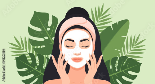 Woman applying face mask for skincare, surrounded by lush green tropical leaves.