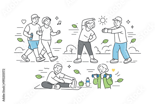 Active retirement lifestyle. Seniors walk together in a park, stretching or enjoying light exercise outdoors. Health, movement, and positive