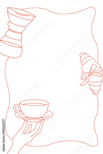 Hand-drawn coffee shop or cafe poster, card or menu template, cafe branding, cup of coffee, croissant and pour over dripper