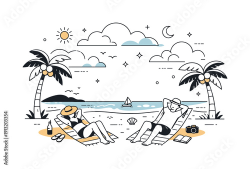 Relaxed tropical getaway. Travelers lying on beach towels under palm trees, peaceful sea in the background and abstract clouds above. Rest,