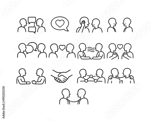 Empathy in Communication. Line icon set of Empathy in Communication: two people talking, speech bubble heart, active listening, understanding