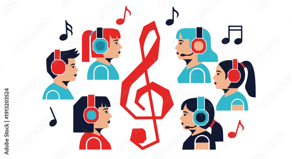 Fototapeta premium Children wearing headphones singing around a treble clef, representing music education and choir practice