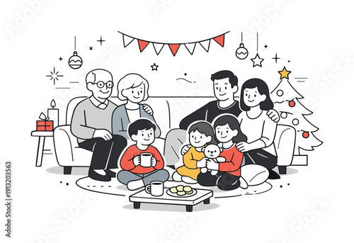 Multi al holiday gathering. Grandparents, parents, and children sharing a calm festive moment together, seated comfortably in a
