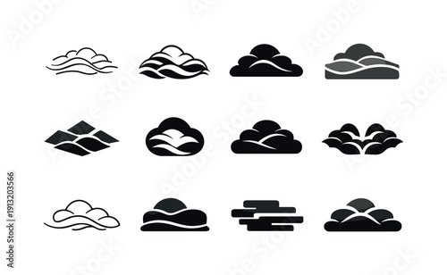 Rolling Fog. Icon set. Set Logo of Rolling Fog: layered mist clouds. harmonious logo variations of the same emblematic concept, each with