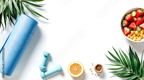 Healthy lifestyle essentials with yoga mat and fresh fruit