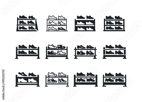 Organizing shoes with a shoe rack. Icon set. Set Logo of Organizing shoes with a shoe rack: organized footwear rows. harmonious