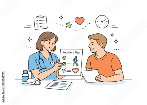 Professional rehabilitation care. A healthcare professional and a patient reviewing a recovery plan with simple documents and icons. The mood