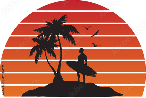 Silhouetted surfer with surfboard against a vibrant sunset backdrop