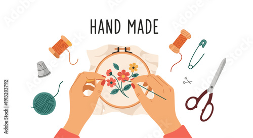 Hand-made embroidery project showing female hands stitching a floral design on a wooden hoop surrounded by sewing supplies.