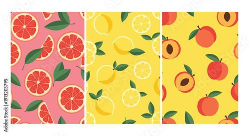 Three vertical banners displaying vibrant seamless patterns of juicy grapefruit, lemon, and peach fruit slices on color.