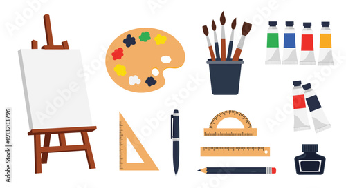 Professional art studio equipment including an easel, white canvas, paint palette, brushes, and tubes of colorful oil paint.