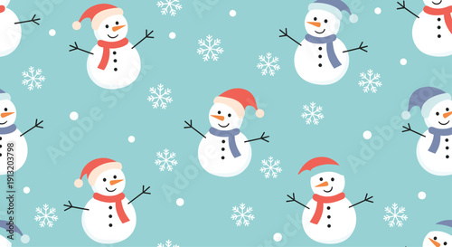 Festive winter seamless pattern with cheerful snowmen wearing warm hats and colorful scarves among many falling snowflakes.