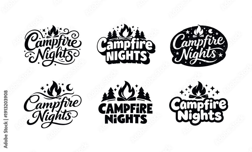 Obraz premium Campfire Nights. Set lettering. harmonious lettering variations of the same emblematic concept, each with different artistic interpretation