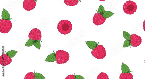 Fresh summer fruit seamless pattern featuring bright pink raspberries and green leaves on a clean white background for decor.