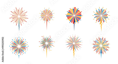 Dynamic set of colorful firework explosions and bursts in various patterns for festive holiday celebrations and festivals.