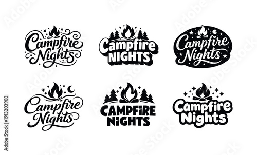 Campfire Nights. Set lettering. harmonious lettering variations of the same emblematic concept, each with different artistic interpretation