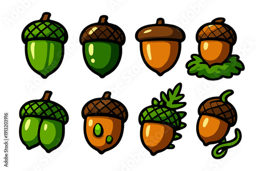 Tropical Acorn Icons. Tropical acorns set silhouette set: bright green tropical acorn, smooth glossy acorn, acorn with wide cap, acorn on moss bed, twin tropical acorns, wet acorn