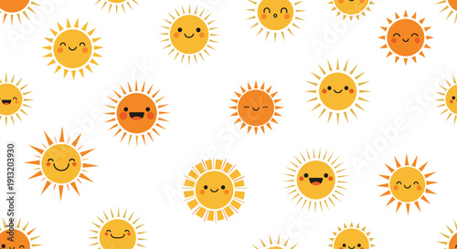 Adorable seamless pattern of cute cartoon suns with smiling faces and golden sunbeams on a bright white background for kids.