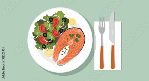 Delicious healthy meal plate with a grilled salmon steak, fresh mixed green salad with tomatoes, and lemon on the side.