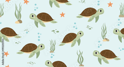 Underwater world seamless pattern featuring cute sea turtles, starfish, and green seaweed on a light blue water background.