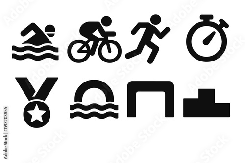 Triathlon Icons Set. Triathlon performance symbols silhouette set: swimmer, cyclist, runner, stopwatch, medal, wave start, finish arch, podium.