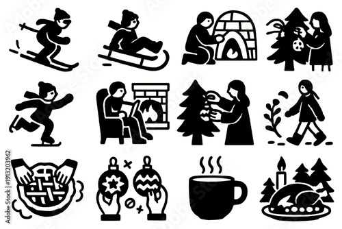 Winter Activity Icons. Winter Activities silhouette set: skiing, sledding, snow fort building, skating, fireplace reading, baking pie, festive decorating, crafting ornaments,