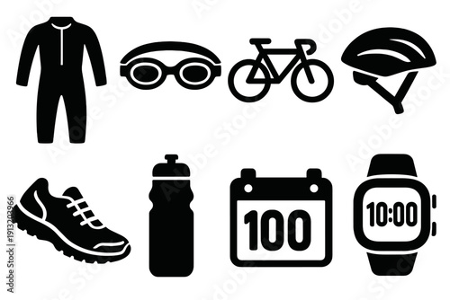 Triathlon Gear Icons. Triathlon equipment set silhouette set: wetsuit, goggles, bike, helmet, running shoes, water bottle, race bib, watch.