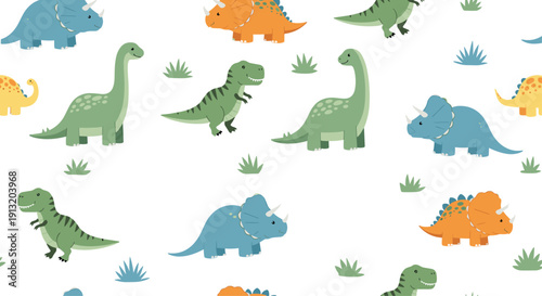 Fun dinosaur pattern for children featuring triceratops, tyrannosaurus rex, and brachiosaurus in a seamless repeat design with grass.