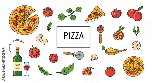 Comprehensive set of pizza vector icons including whole pizzas, slices, fresh ingredients, and a bottle of wine on white.