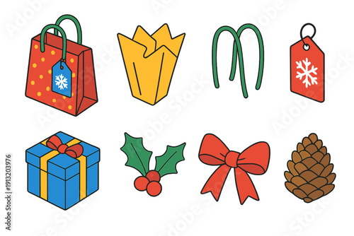 Festive Gift Bag Icons. Seasonal Gift Bags flat icons: patterned gift bag, tissue paper, ribbon handles, snowflake tag, wrapped present, holly sprig, bow, pinecone.