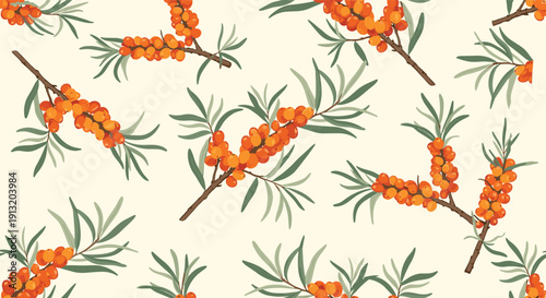 Sea buckthorn pattern with orange berries and green leaves on branches in a seamless design suitable for organic cosmetic packaging.