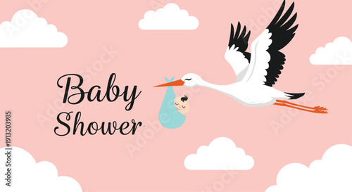 Beautiful stork flying in a pink sky with fluffy clouds carrying a newborn baby in a blue bundle for a baby shower celebration.