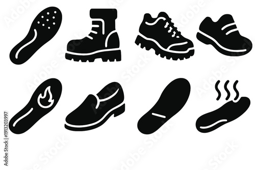 Bold Insole Icon Set. Specialized insoles silhouette set: sports insole, work boot insole, hiking insole, running insole, winter thermal insole, dress shoe insole, flat foot insole