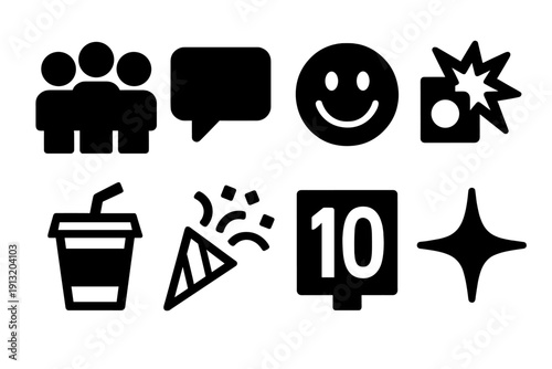 New Year Icons. New Year Quiz Friends & laughter silhouette set: group of people, speech bubble, smiley face, camera flash, drink cup, confetti stream, scorecard, sparkling star.