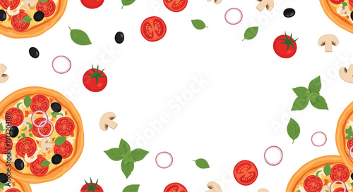 Tasty pizza pattern featuring whole pizzas and fresh ingredients like tomatoes, mushrooms, olives, basil, and onions.