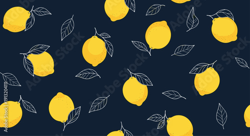 Refreshing lemon pattern with bright yellow fruits and white line art leaves on a dark blue background for Mediterranean designs.