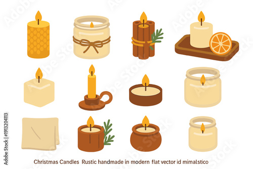 Rustic Christmas Candles. Christmas Candles Rustic Handmade flat icons: beeswax candle, twine-wrapped jar, cinnamon stick holder, wooden tray, pine sprig accent, dried orange decor