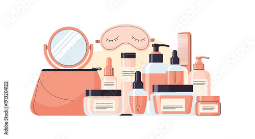 Comprehensive beauty and skincare product collection with a cosmetic bag, mirror, jars of cream, serum, and a sleep mask.