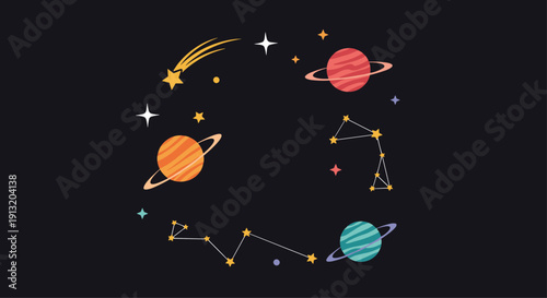 Circular solar system design with planets, stars, and constellations on a black background for educational space posters.