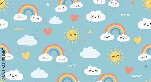 Happy nursery pattern featuring smiling suns, colorful rainbows, fluffy clouds, and small hearts on a soft blue sky background.