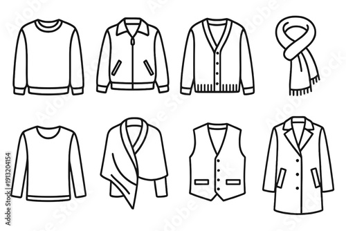 Layered Fashion Icons. Layering Pieces outline icons: crewneck sweater, lightweight jacket, knit cardigan, scarf, long-sleeve tee, shawl, vest, coat.