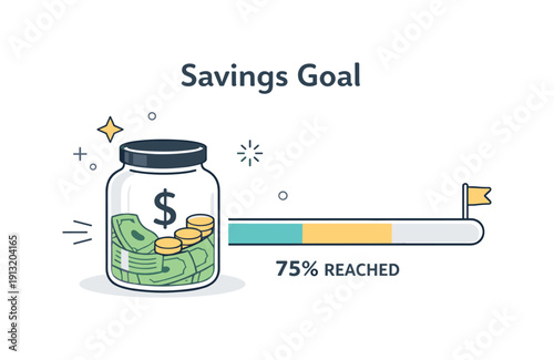 Savings goal progress. A simple progress bar or chart with a savings icon gradually filling up. The illustration highlights motivation,