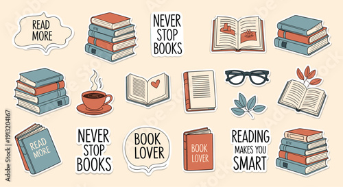 Book lover sticker collection with various book stacks, reading quotes, a coffee cup, and cozy accessories for library themes.