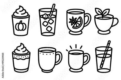 Seasonal Beverage Icons. Seasonal Sips outline icons: pumpkin latte, iced coffee, mulled wine, mint tea, whipped cream top, sugar rim, glowing mug, colorful straw.